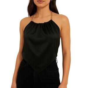 Olive Tree Black Halter Top With Gold Chain Strap Size Small